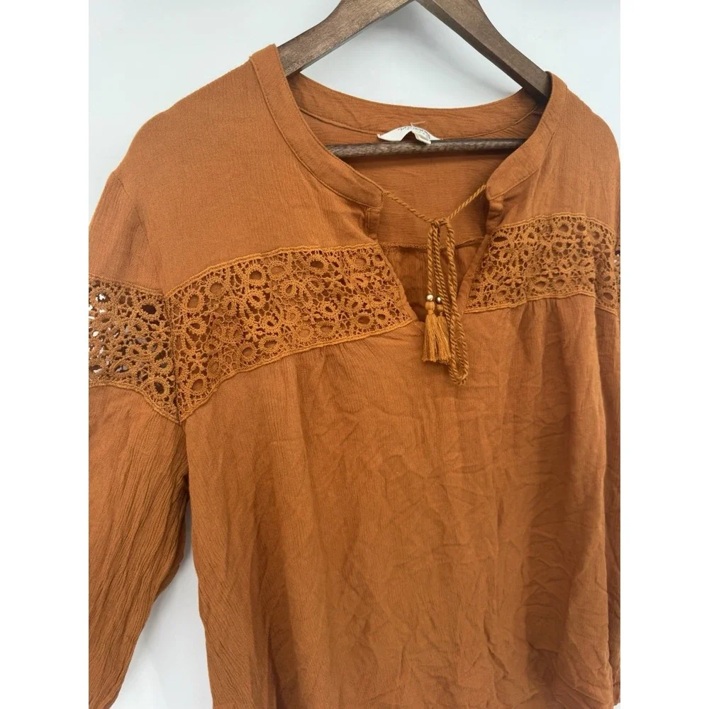 Tantrums 2X  Boho peasant Blouse western rodeo tassel rayon open knit‎ tan - Picture 8 of 9